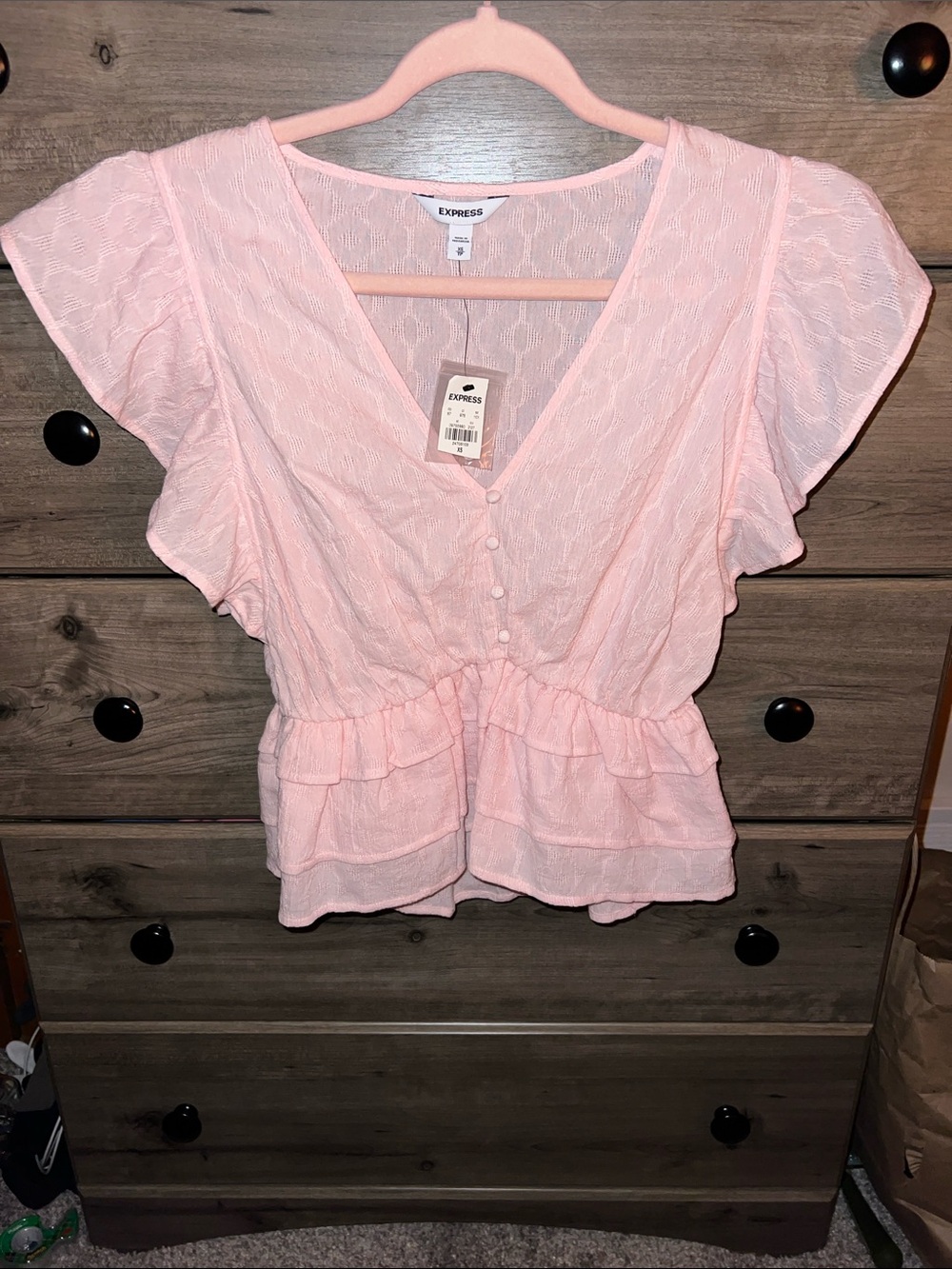 Express Light Pink Ruffle Peplum V-Neck Blouse